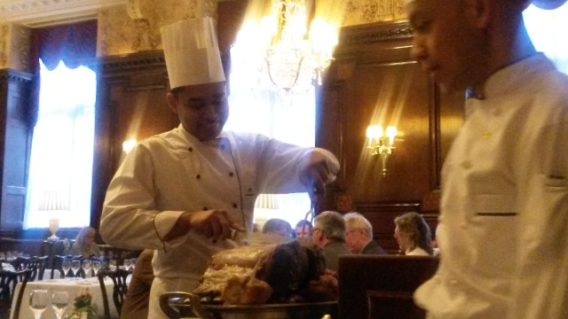 Image of two chefs carving roast beeft at Simpsons restaurant